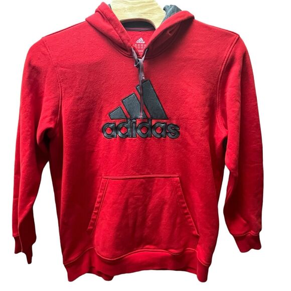Adidas Hoodie Men's 2XL Red Pullover Logo 3 Stripes Sweatshirt Pocket Graphic - Picture 2 of 5